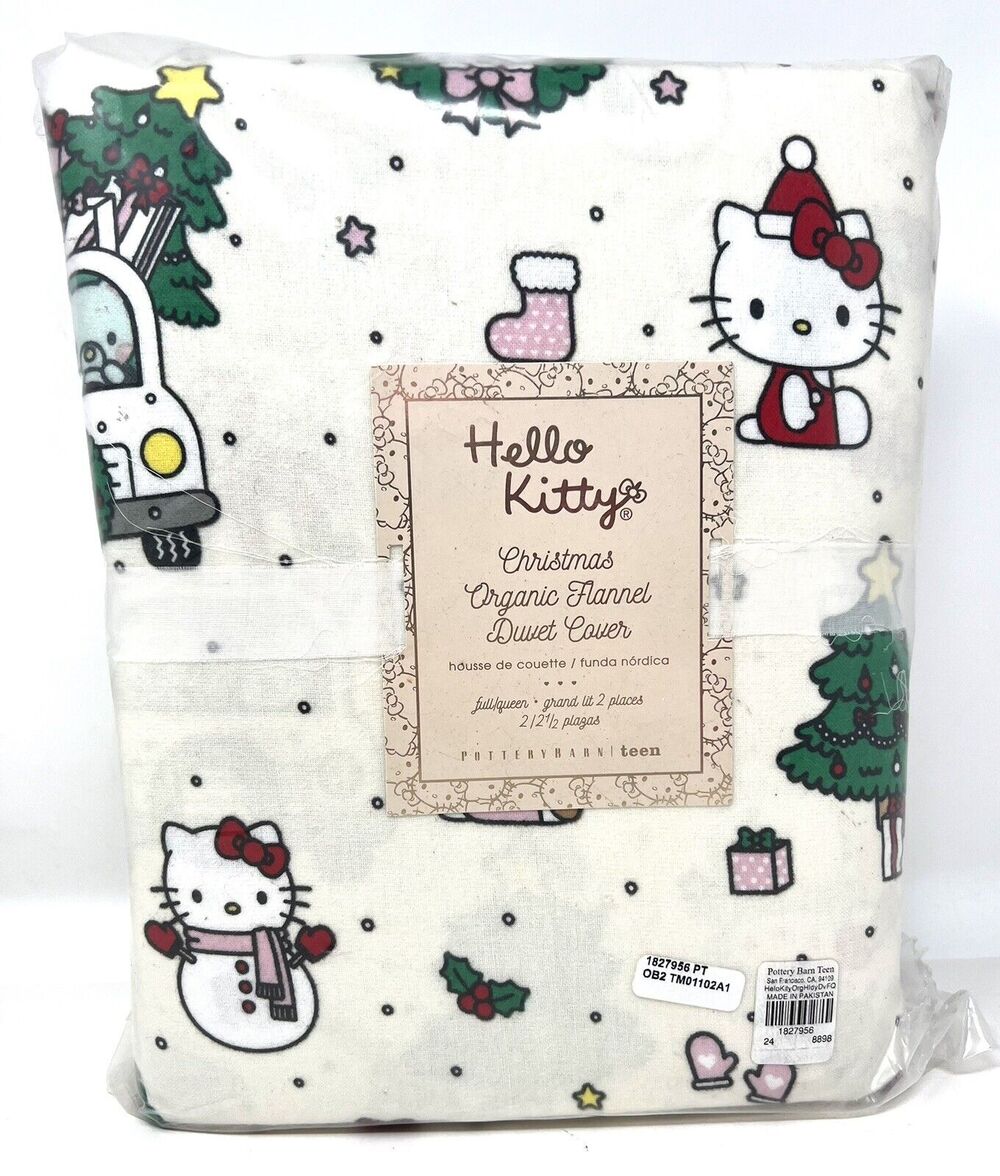 Pottery Barn Teen Hello Kitty Flannel Full Queen Duvet Cover Christmas RED BOWS